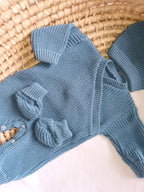 Combinaison maille bleuté, croisé, 0/3 mois, 3 pièces - personnalisable -