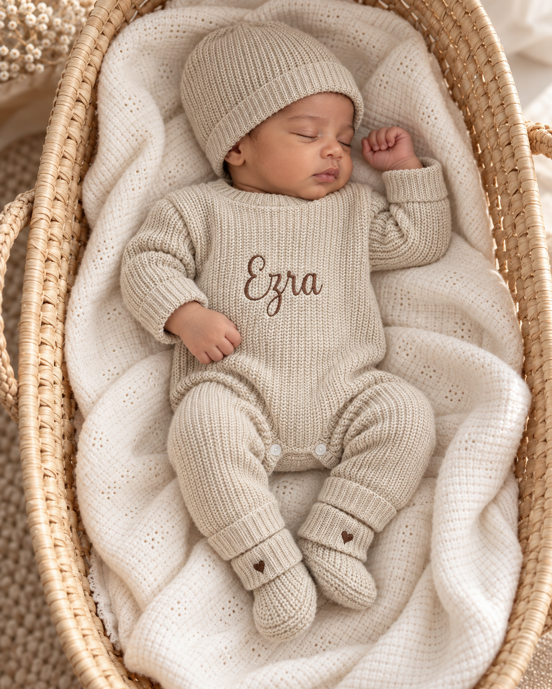 Combinaison naissance personnalisée en maille – ensemble 3 pièces