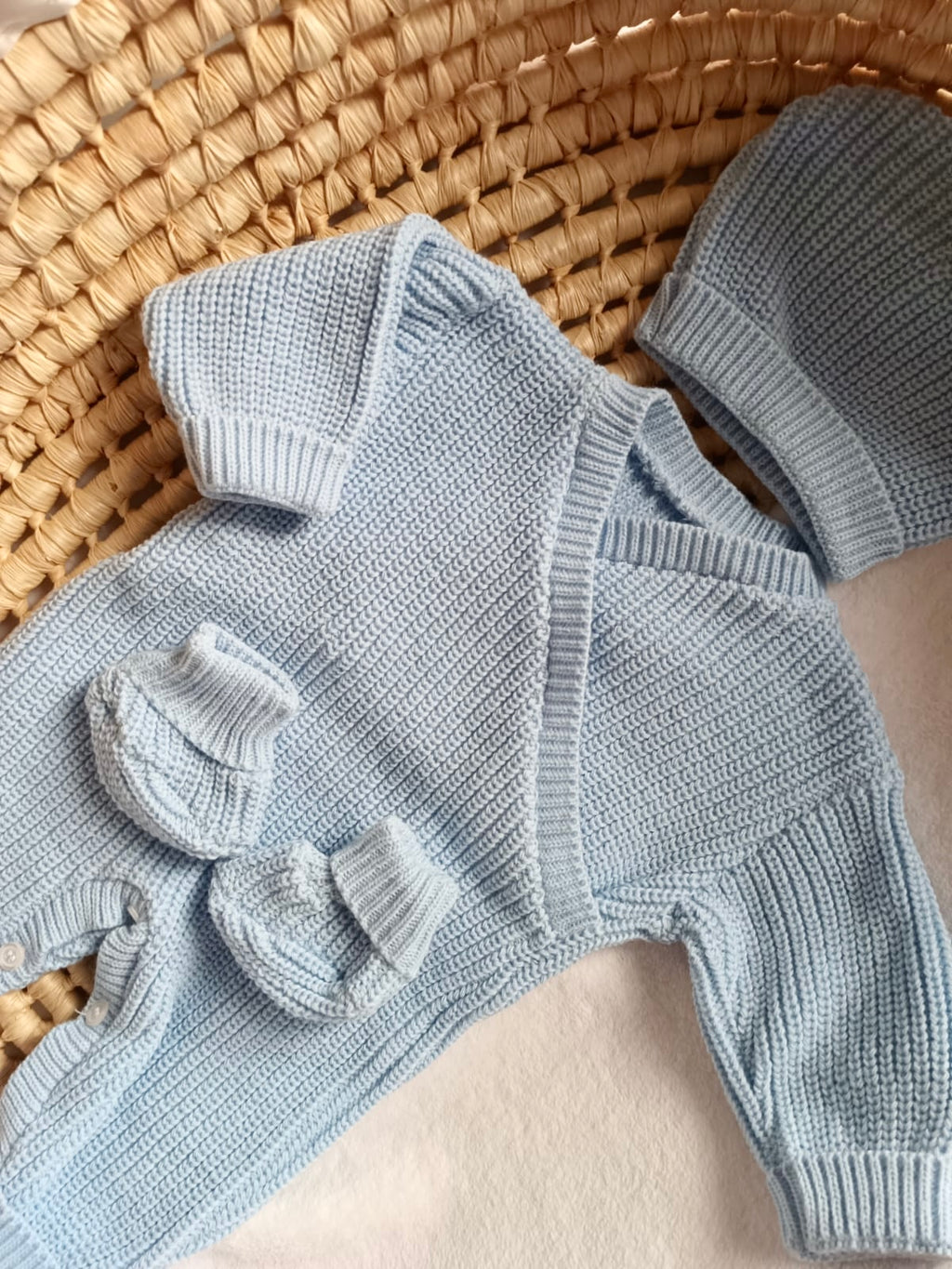 Combinaison maille bleu ciel croisé, 0/3 mois, 3 pièces - personnalisable -