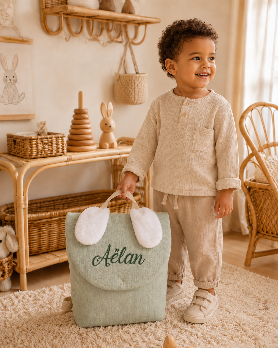Sac à dos personnalisé enfant en gaze de coton – Oreilles de lapin