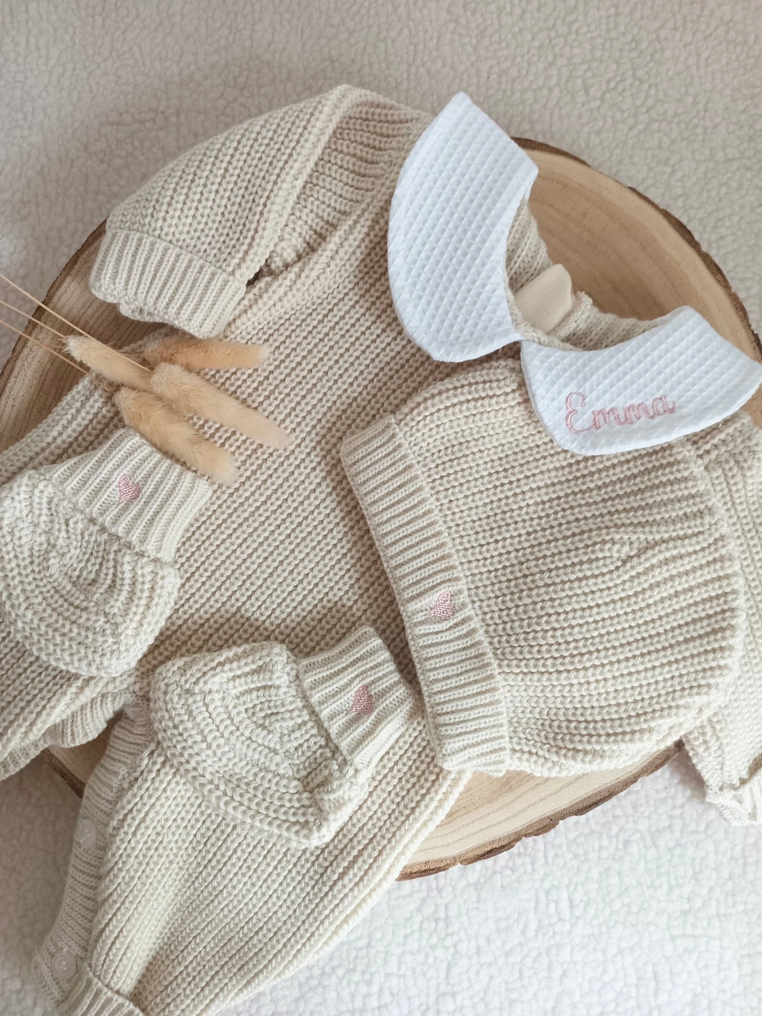 Combinaison maille beige avec col blanc - 0/3 mois - personnalisable