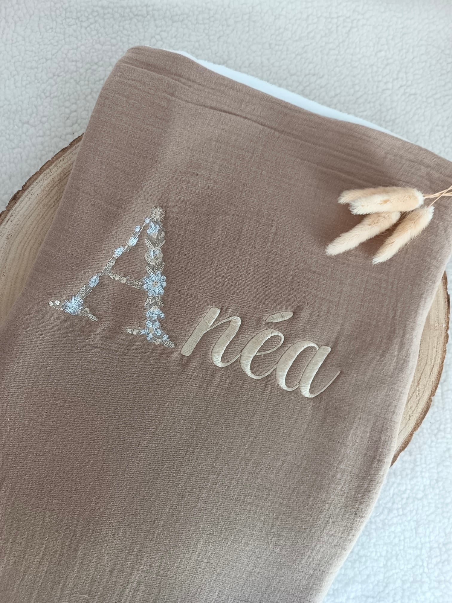 Couverture en gaze de coton et polaire marron - personnalisable -
