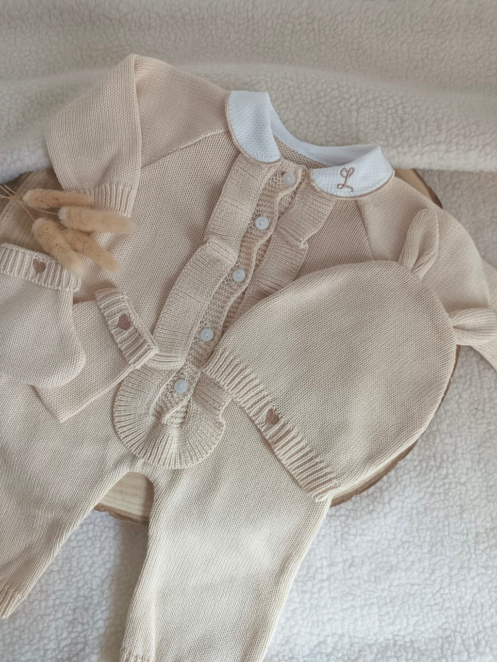Combinaison beige oreilles lapin 100% coton, 3 pièces, 0/3 mois - personnalisable -