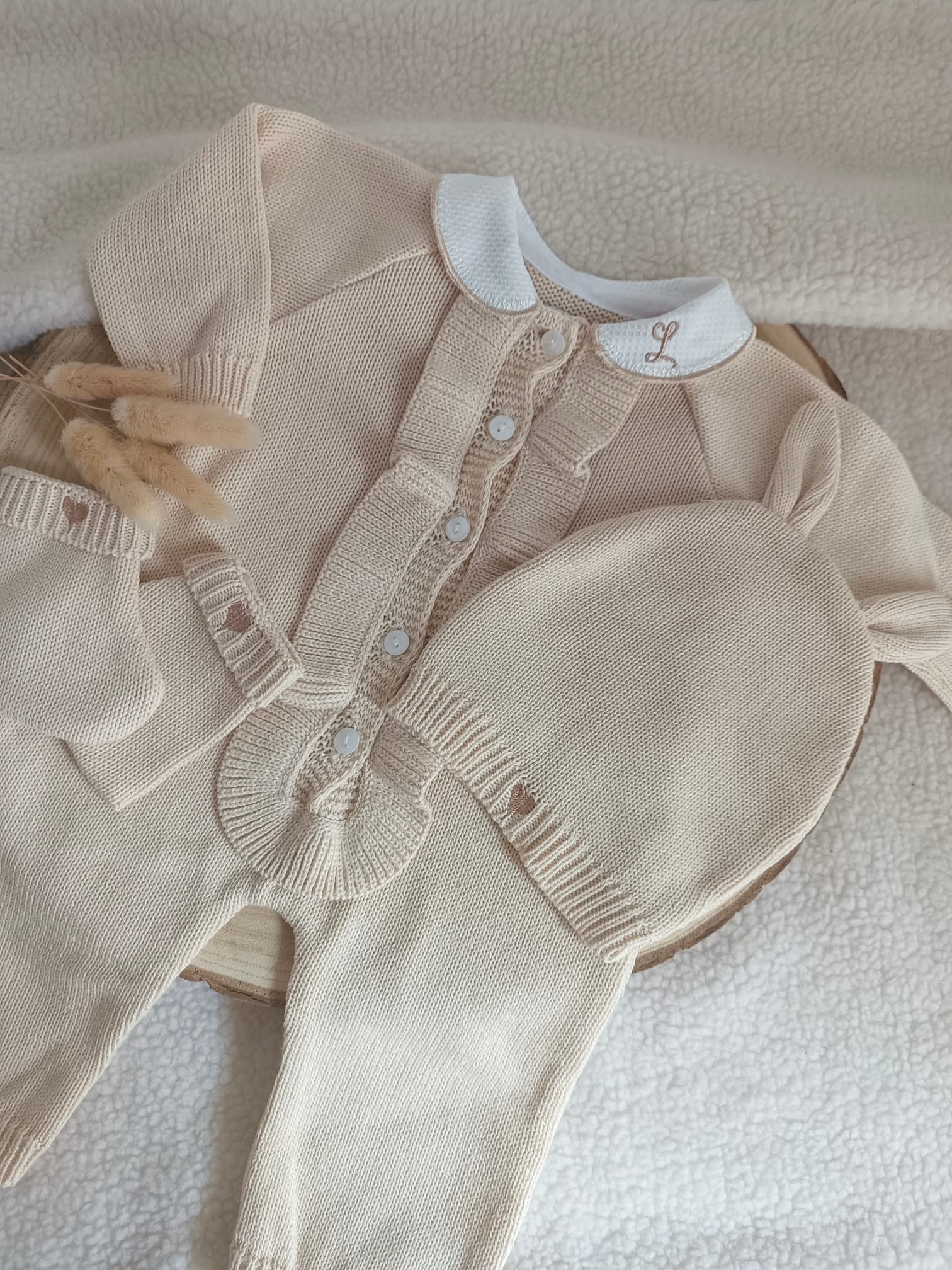 Combinaison beige oreilles lapin 100% coton, 3 pièces, 0/3 mois - personnalisable -