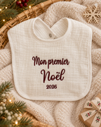 Bavoir bébé brodé – Mon premier Noël 2026