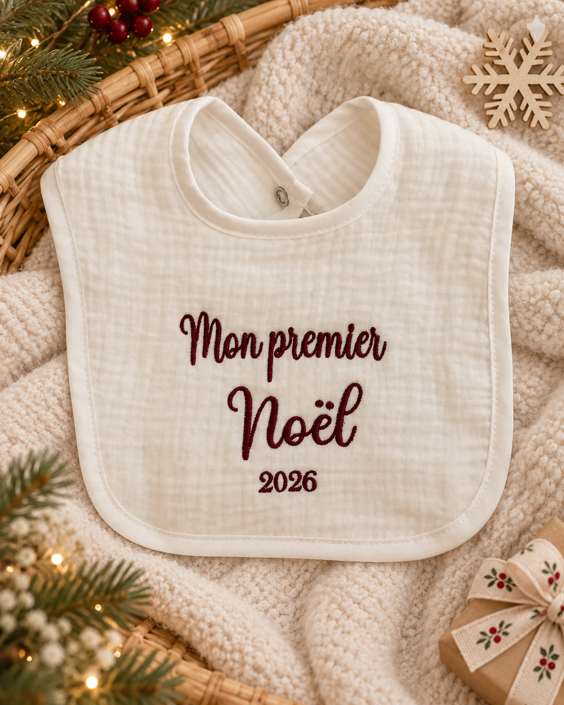 Bavoir bébé brodé – Mon premier Noël 2026