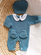 Combinaison maille bleu marine avec col blanc - 0/3 mois - personnalisable