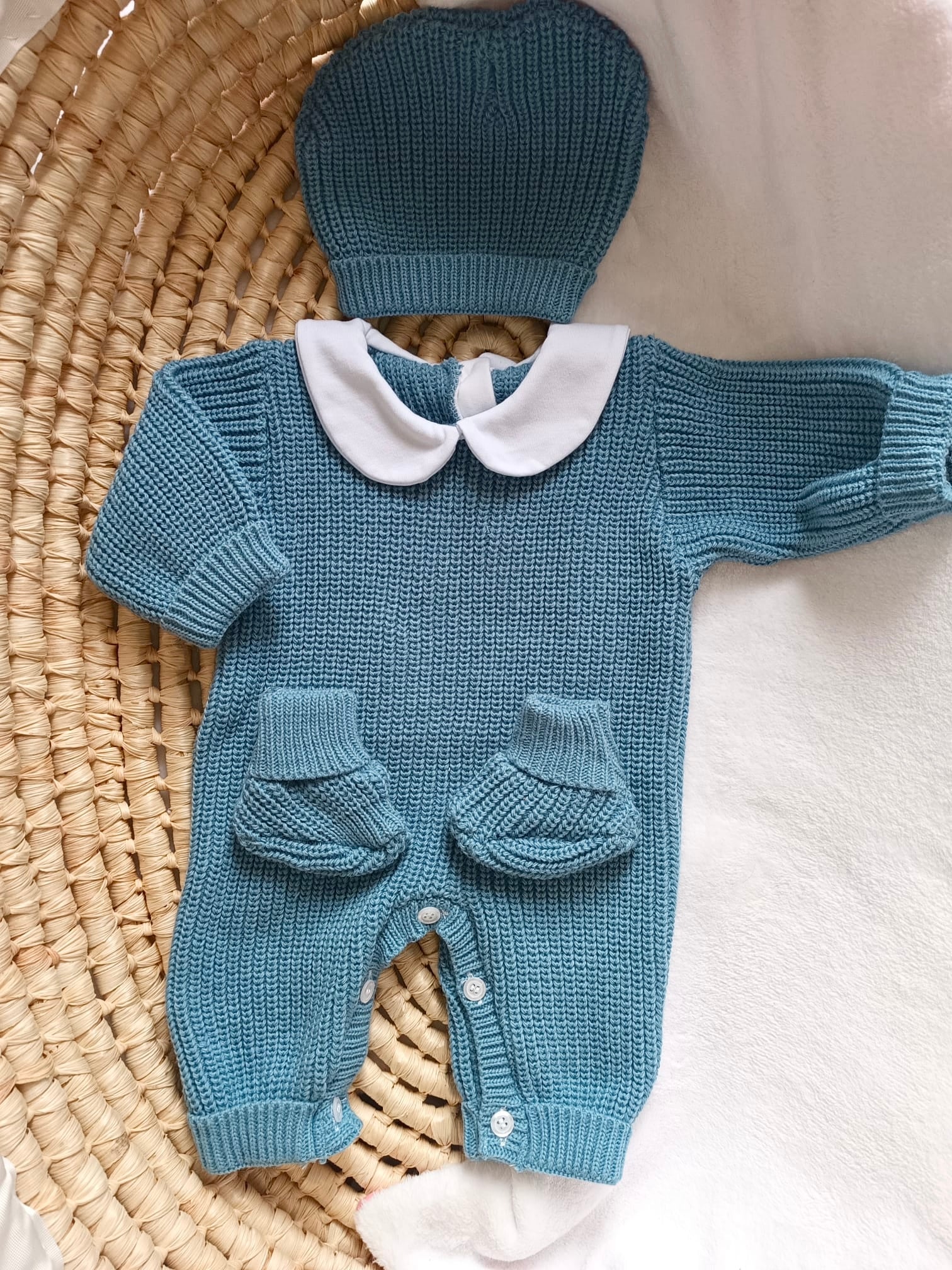 Combinaison maille bleu marine avec col blanc - 0/3 mois - personnalisable