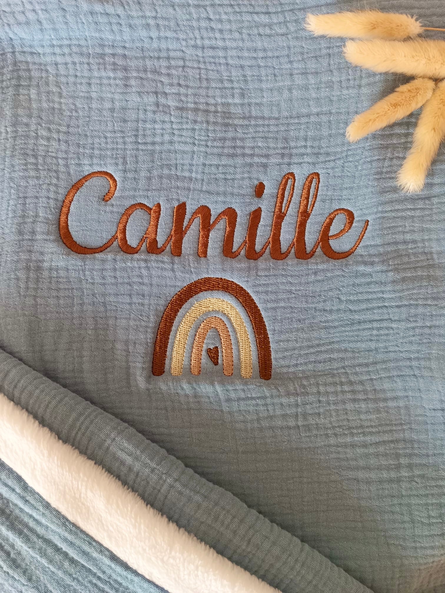 Couverture en gaze de coton et polaire bleu denim - personnalisable -