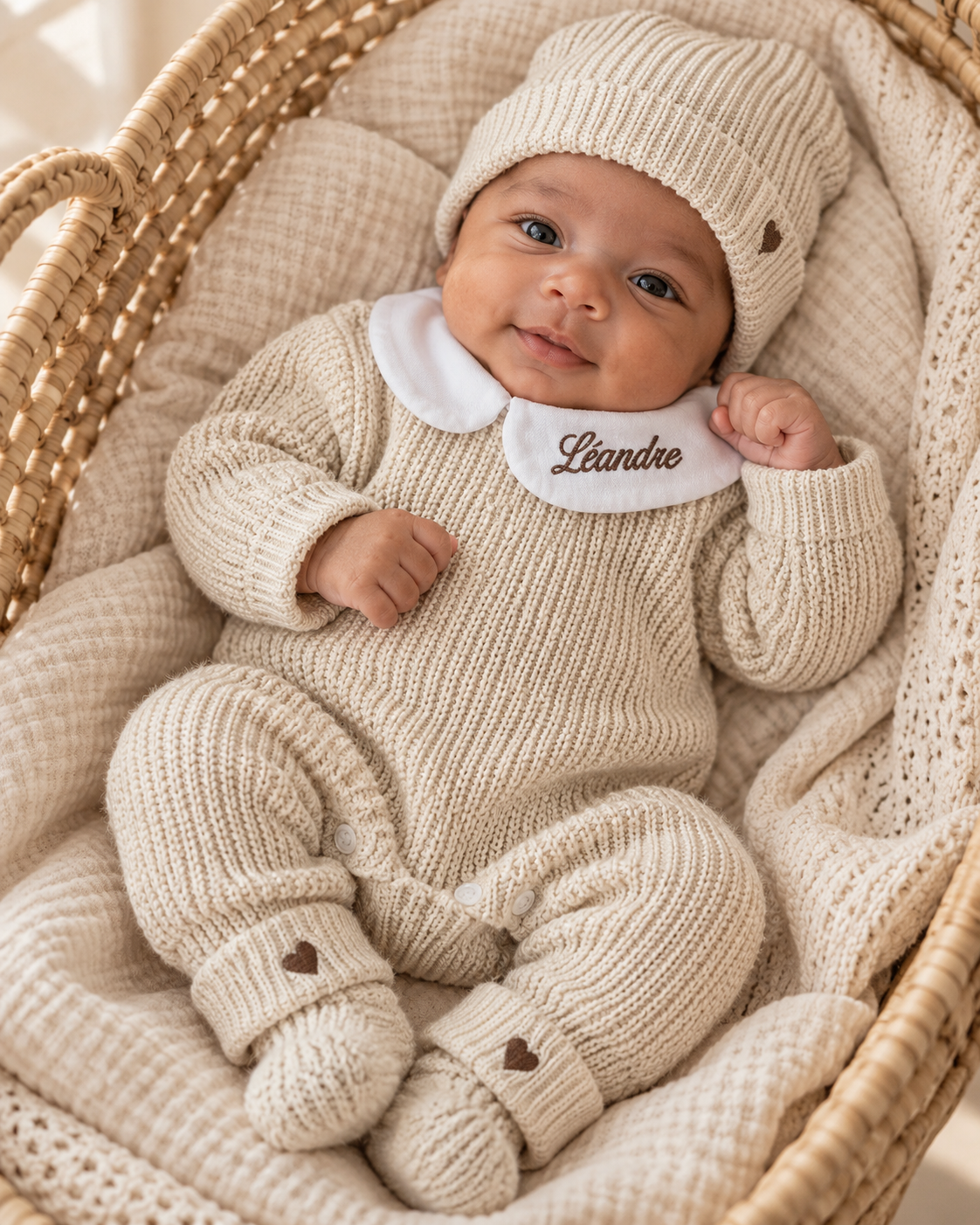 Combinaison naissance personnalisée en maille avec col – ensemble 3 pièces