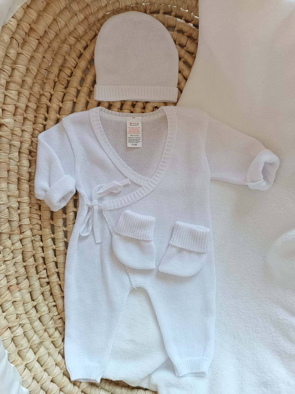 Combinaison blanche 100% coton, 3 pièces, 0/3 mois - personnalisable -