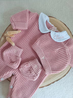 Combinaison maille vieux rose avec col blanc - 0/3 mois - personnalisable