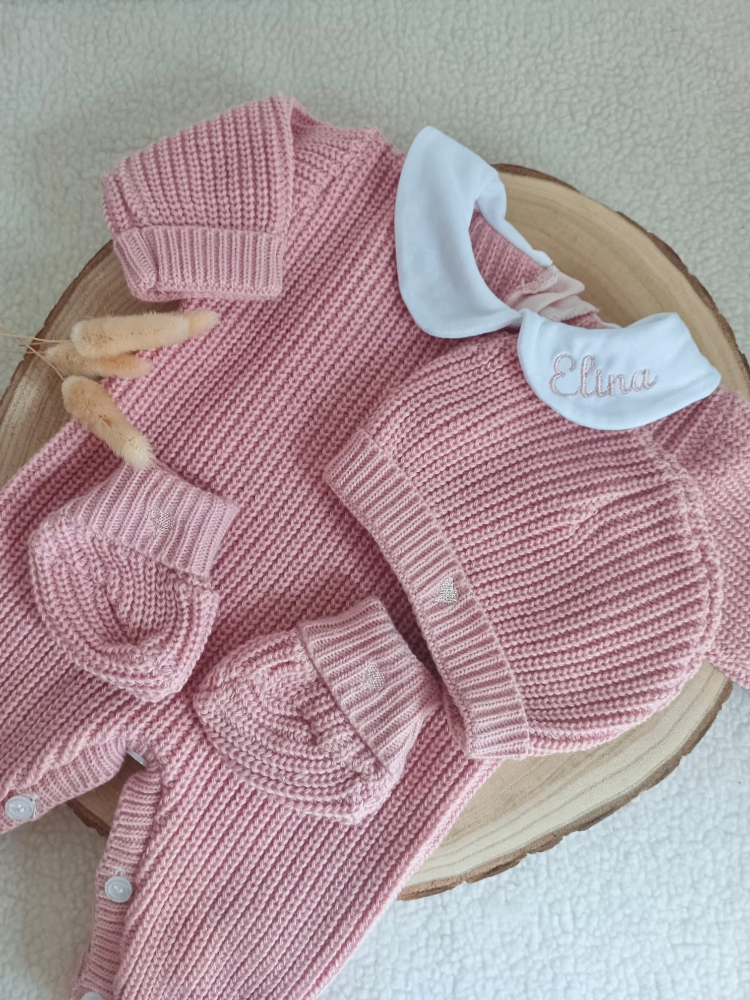 Combinaison maille vieux rose avec col blanc - 0/3 mois - personnalisable