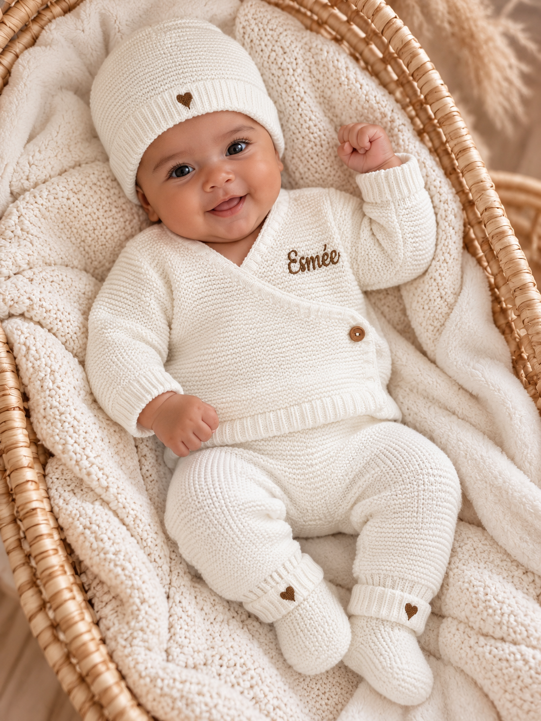 Tenue de naissance personnalisée 4 pièces en maille – Bébé 0-3 mois