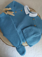 Ensemble complet naissance bleu denim 0/3 mois avec boutons bois