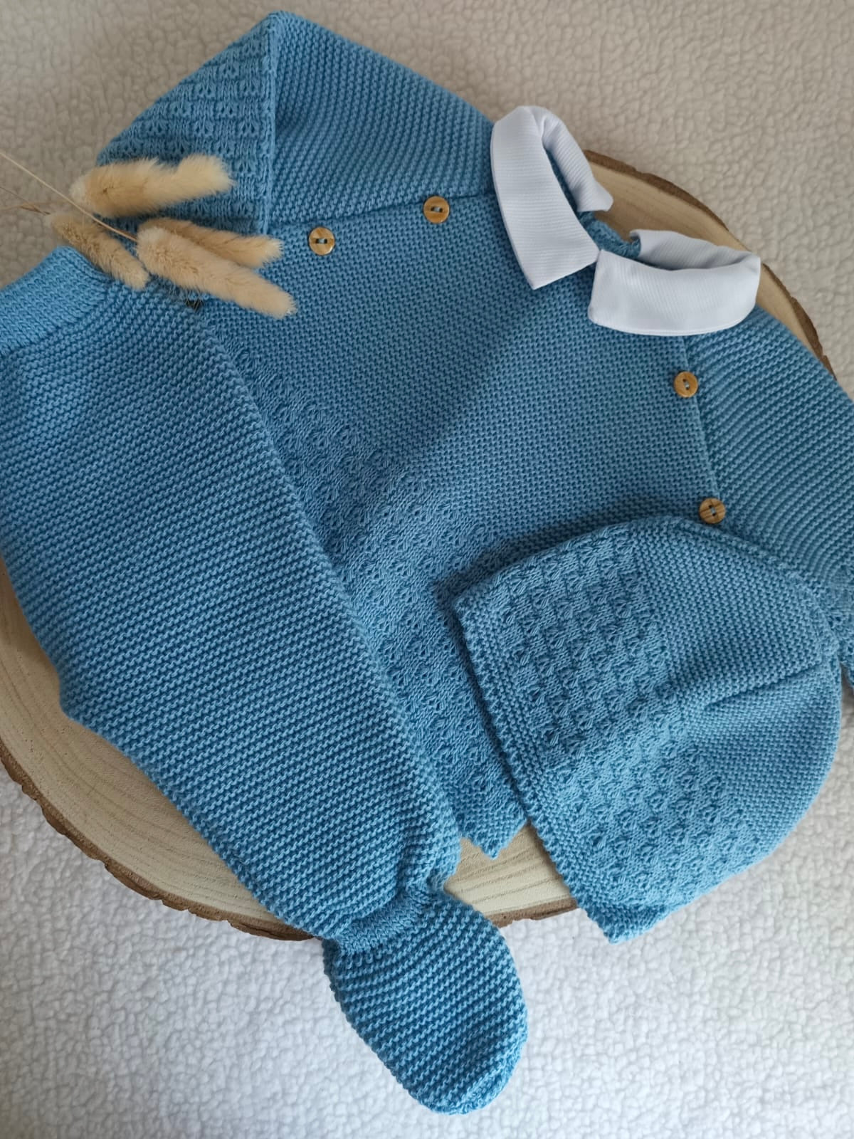Ensemble complet naissance bleu denim 0/3 mois avec boutons bois