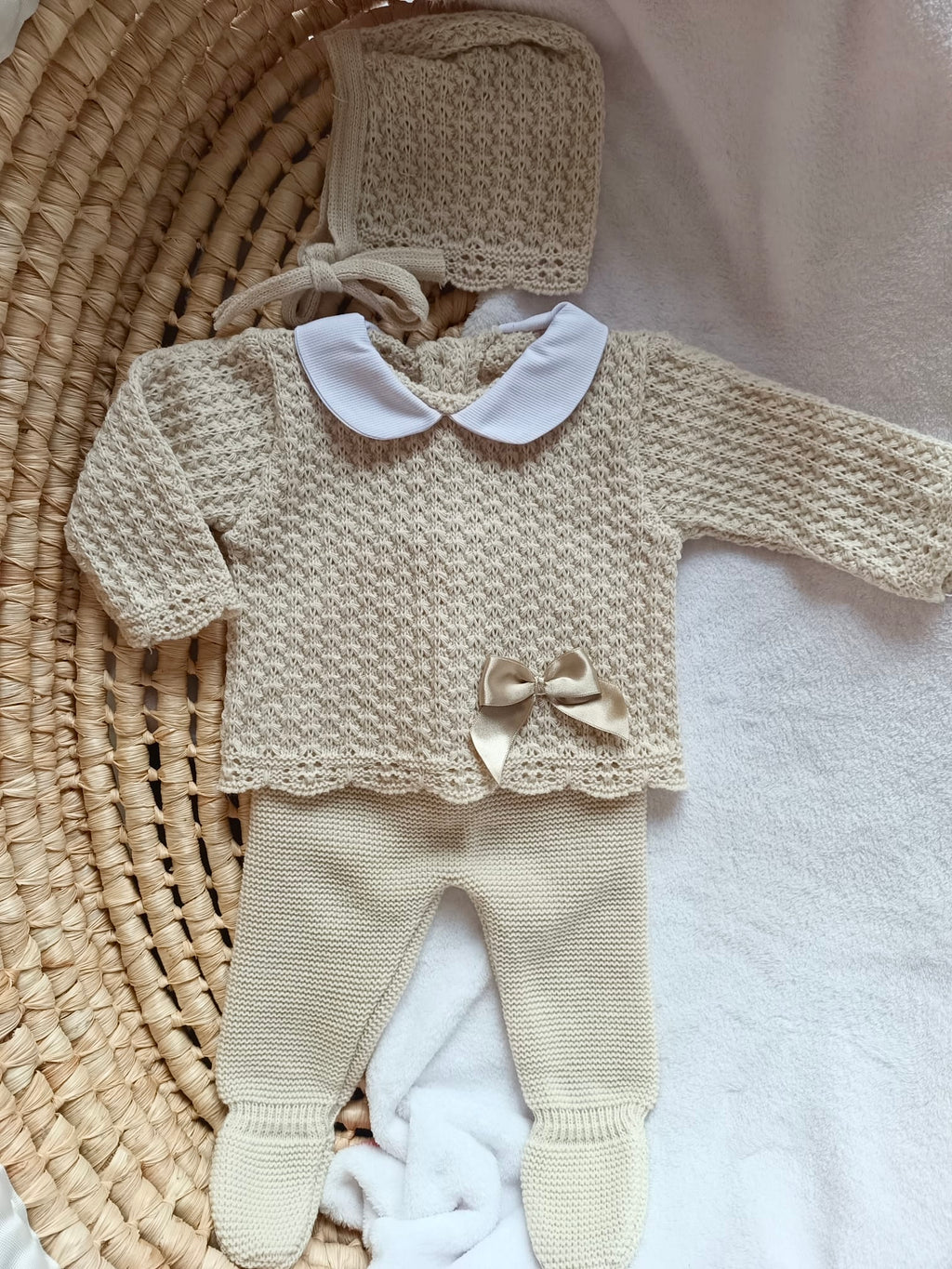 Ensemble complet beige détails nœud satiné beige 0/3 mois