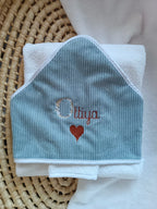 Cape de bain en velours bleu gris - personnalisable -