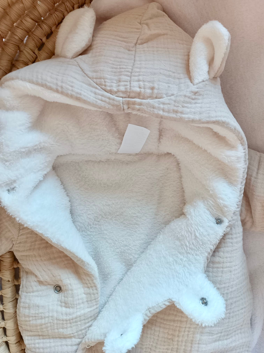 Combinaison pilote en gaze de coton beige avec oreilles - intérieur polaire - personnalisable - 0/3 mois -