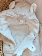 Combinaison pilote en gaze de coton beige avec oreilles - intérieur polaire - personnalisable - 0/3 mois -