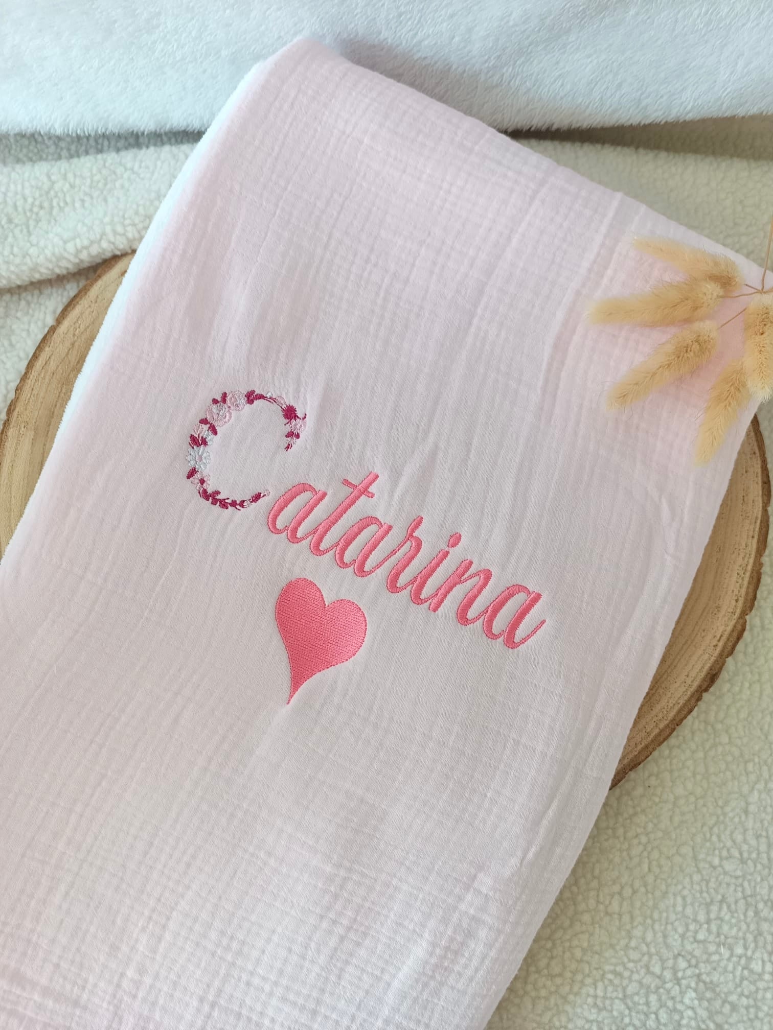 Couverture en gaze de coton et polaire rose - personnalisable -