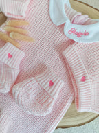 Combinaison maille rose avec col blanc - 0/3 mois - personnalisable