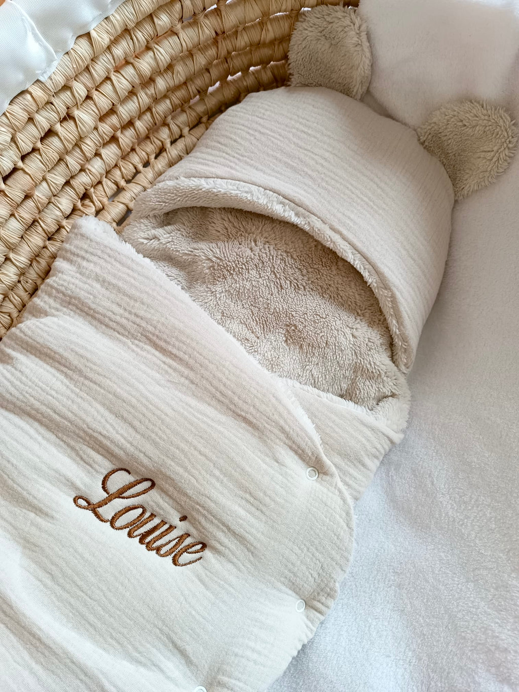 Combinaison/ Nid d’ange en gaze de coton beige et polaire beige 0/3 mois - personnalisable -