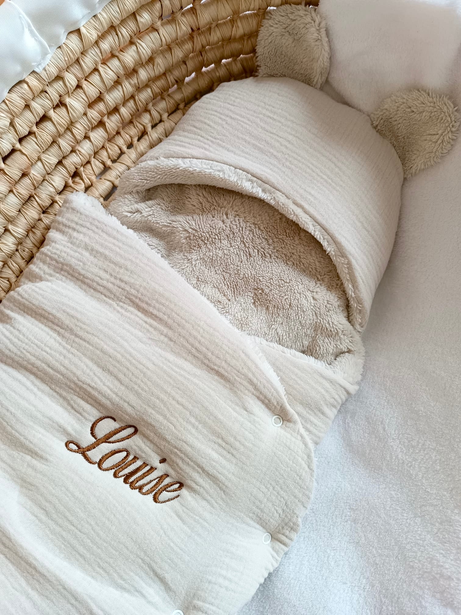 Combinaison/ Nid d’ange en gaze de coton beige et polaire beige 0/3 mois - personnalisable -