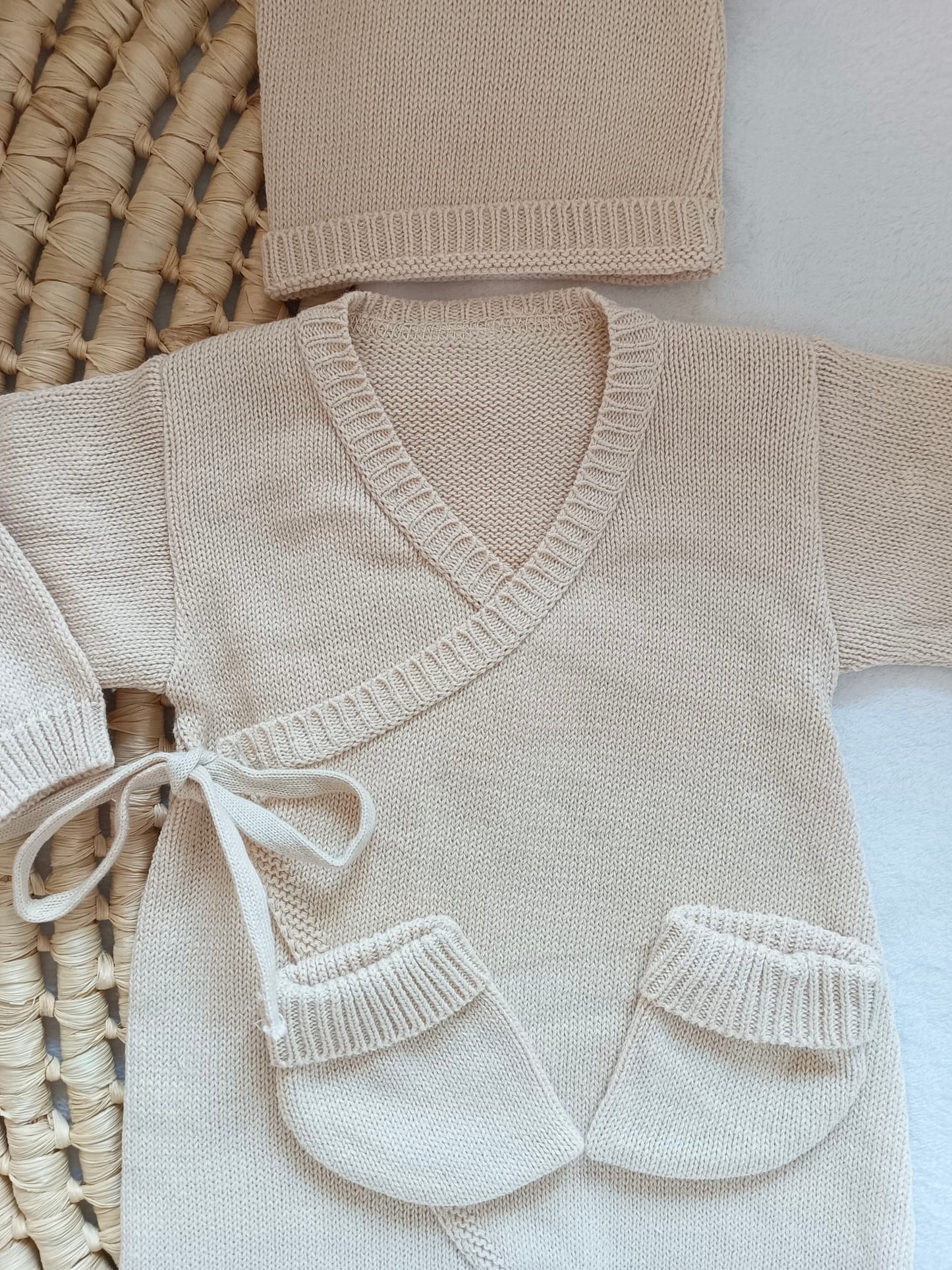Combinaison beige 100% coton, 3 pièces, 0/3 mois - personnalisable -