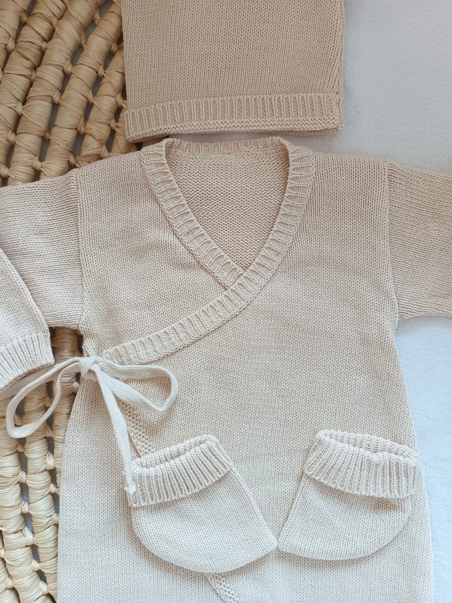 Combinaison beige 100% coton, 3 pièces, 0/3 mois - personnalisable -