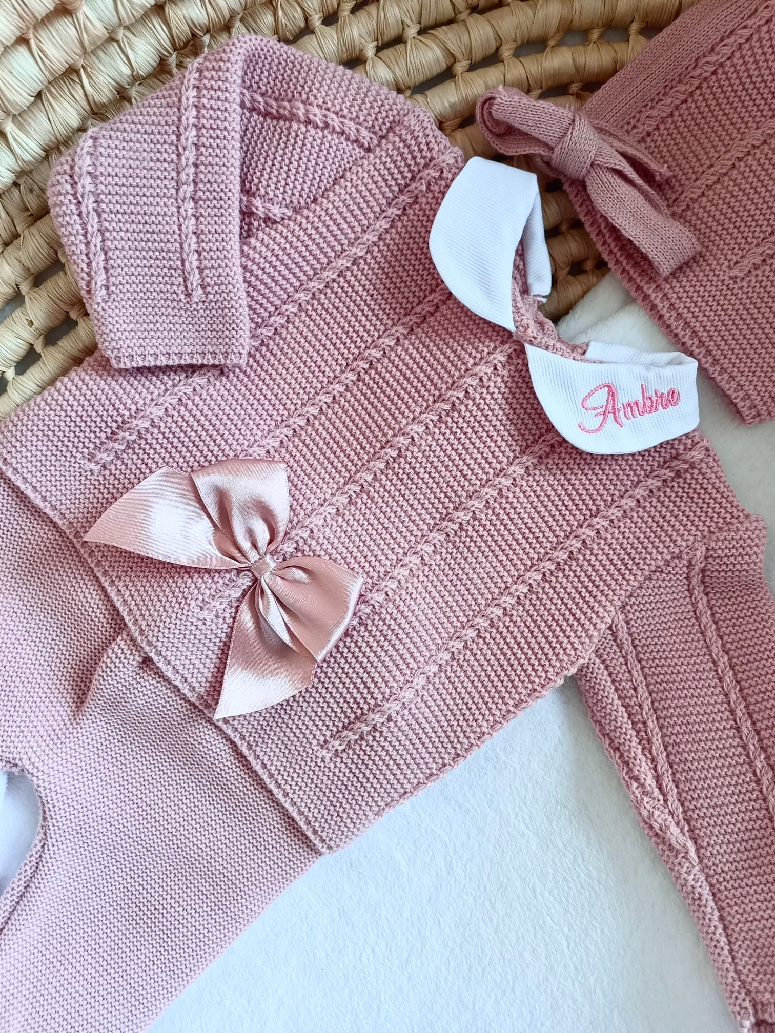 Ensemble complet vieux rose avec noeud satiné vieux rose - plusieurs tailles - personnalisable -