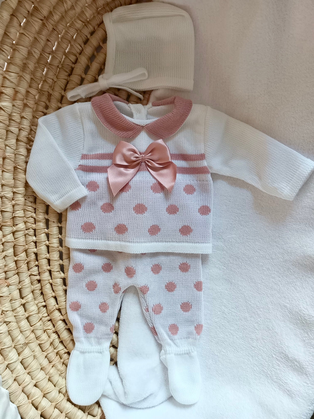 Ensemble complet blanc motifs vieux rose pois/noeud 0/3 mois