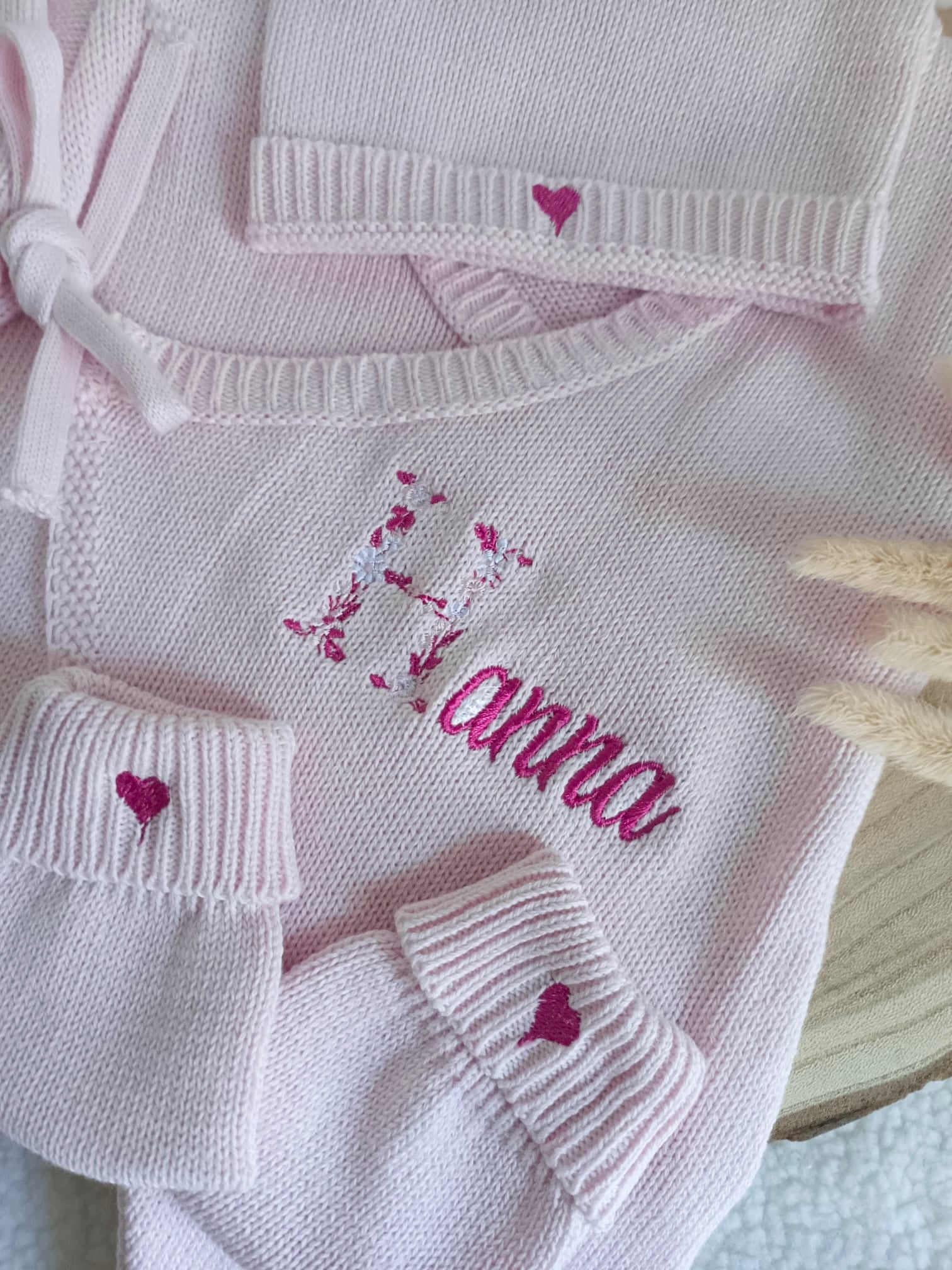 Combinaison rose 100% coton, 3 pièces, 0/3 mois - personnalisable -