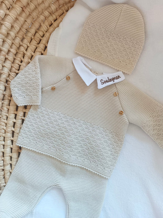 Ensemble complet naissance beige 0/3 mois avec boutons bois