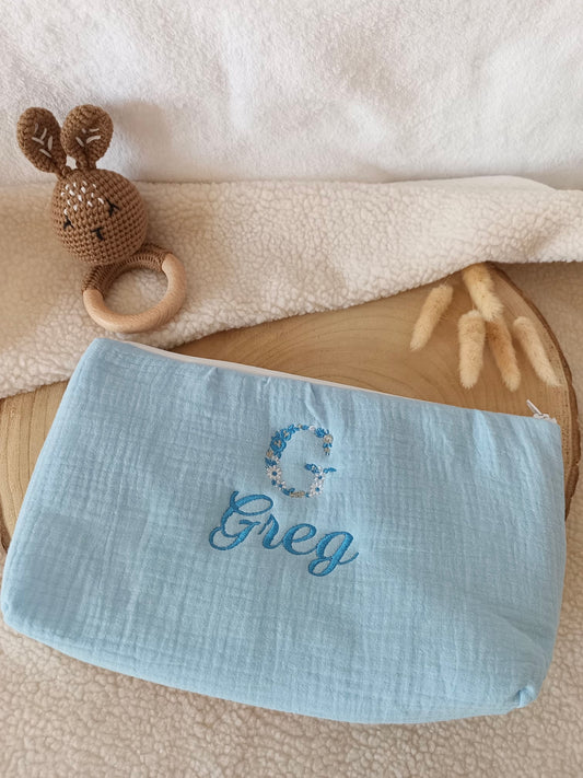 Trousse en gaze de coton bleu ciel - personnalisable -