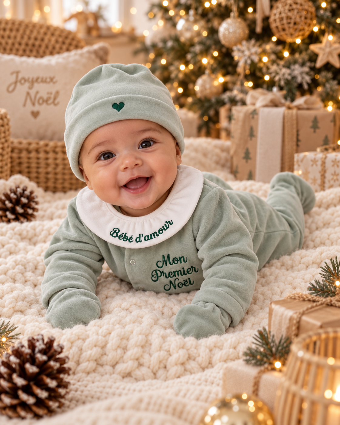 Ensemble bébé Mon Premier Noel brodé - 4 pièces en velours - 0/3 mois