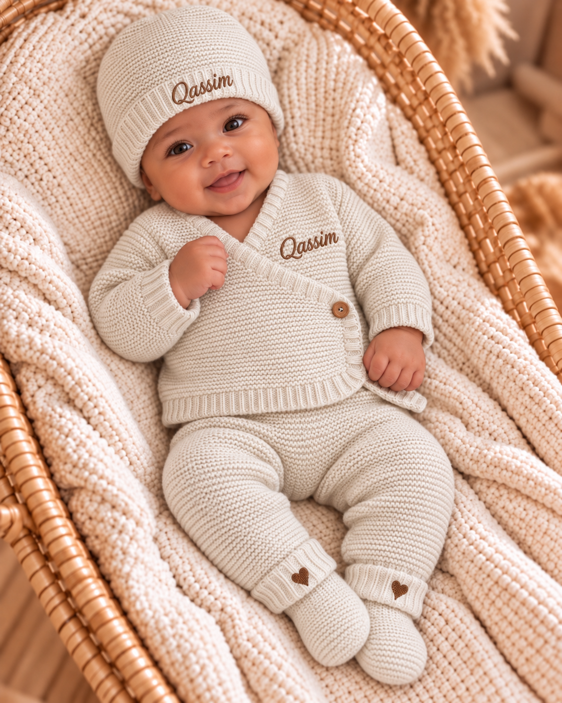 Tenue de naissance personnalisée 4 pièces en maille – Bébé 0-3 mois