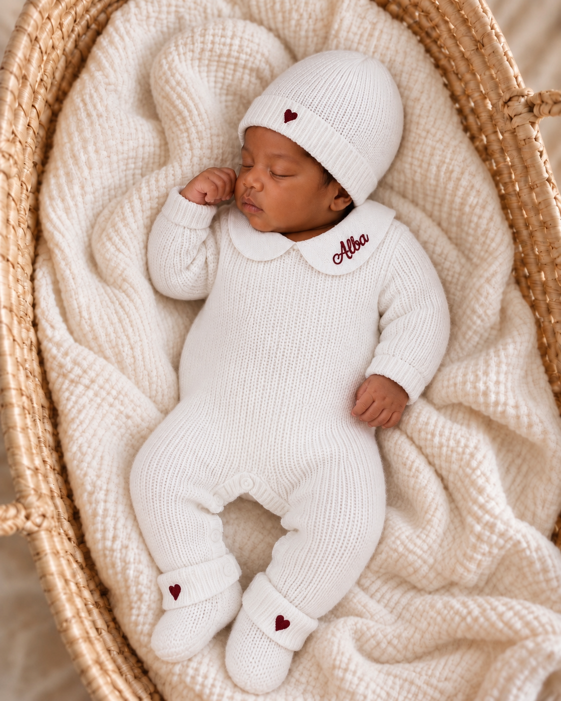 Combinaison naissance personnalisée en maille avec col – ensemble 3 pièces