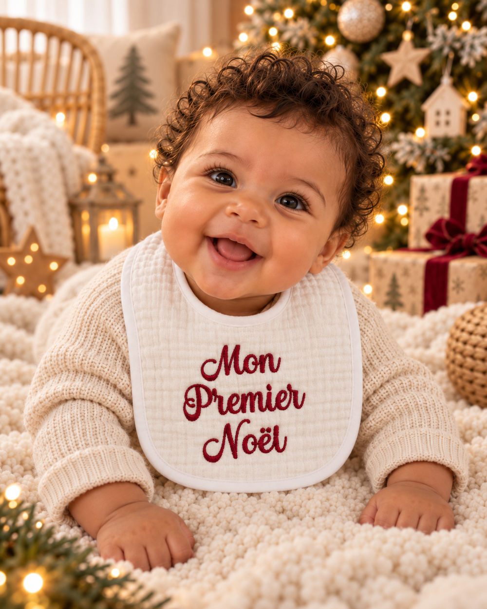 Bavoir bébé brodé – Mon premier Noël 2026