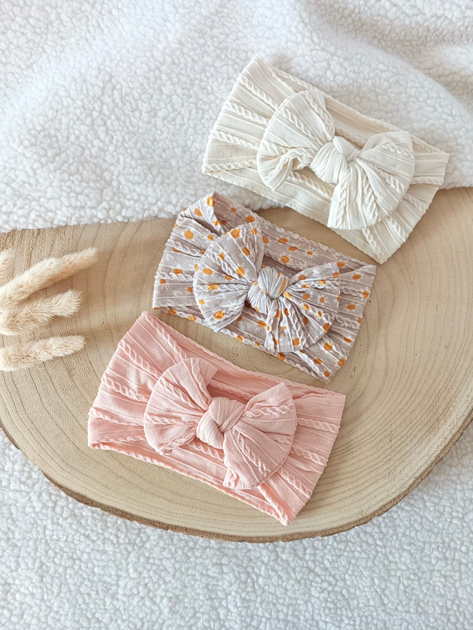 Lot bandeaux élastiques rose/motif fleurs/crème TU