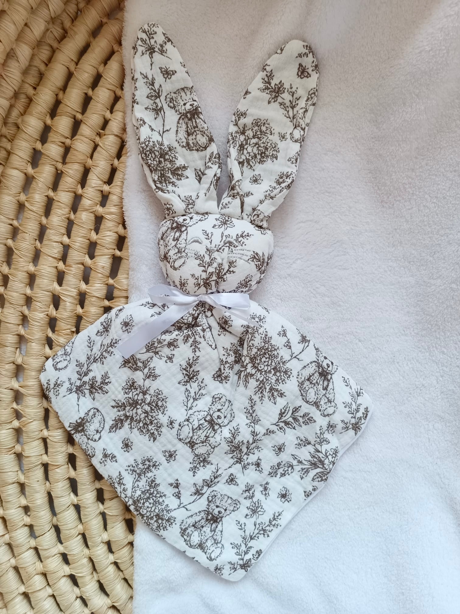 Doudou lapin bébé personnalisé en gaze de coton - Rêve d'Ourson