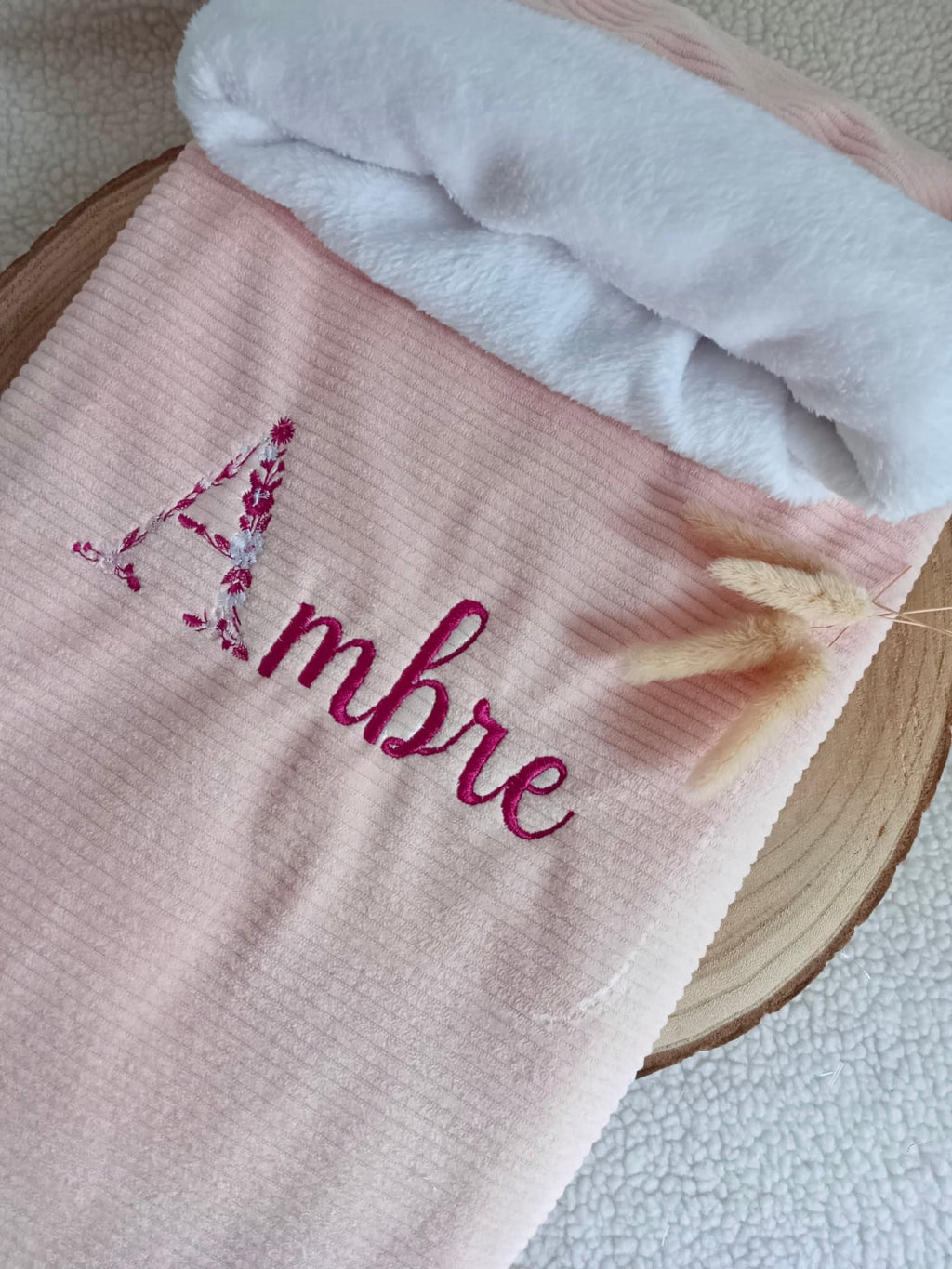 Couverture velours rose et polaire blanc - personnalisable -