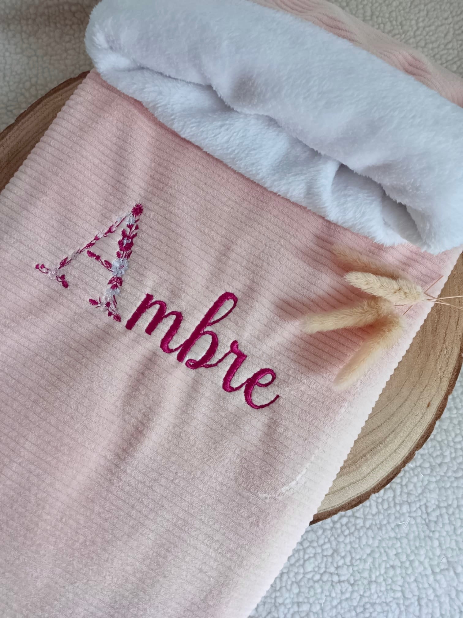 Couverture velours rose et polaire blanc - personnalisable -