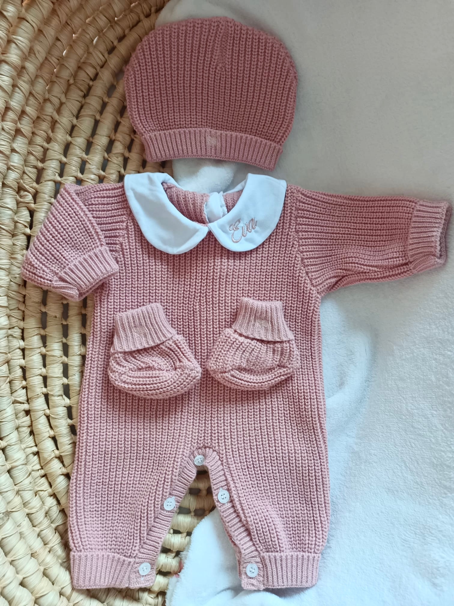 Combinaison maille vieux rose avec col blanc - 0/3 mois - personnalisable