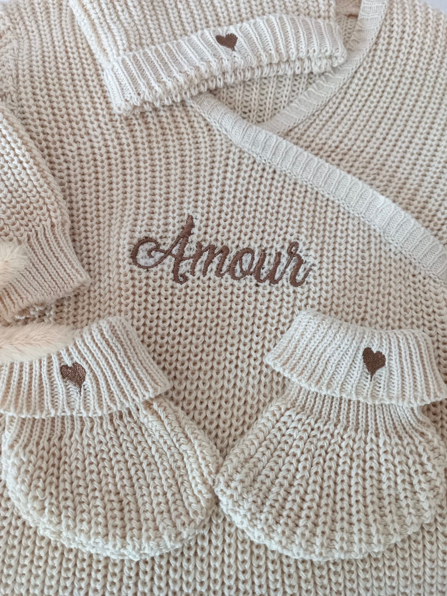 Combinaison maille beige, croisé, 0/3 mois, 3 pièces - personnalisable - 100% coton