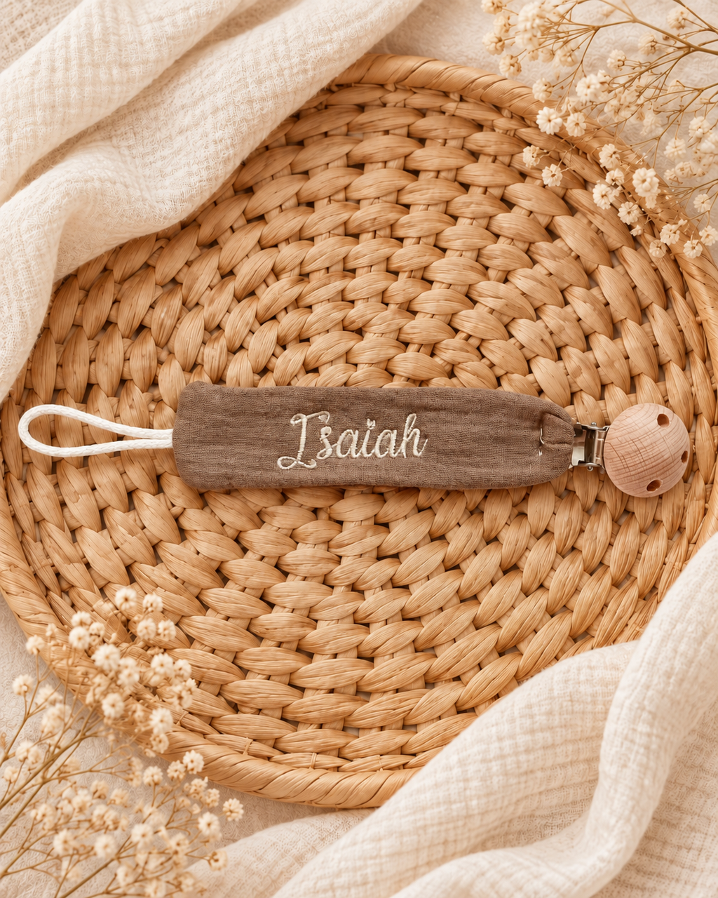 Attache-tétine personnalisée bébé en gaze de coton