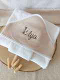 Cape de bain en gaze de coton beige - personnalisable -