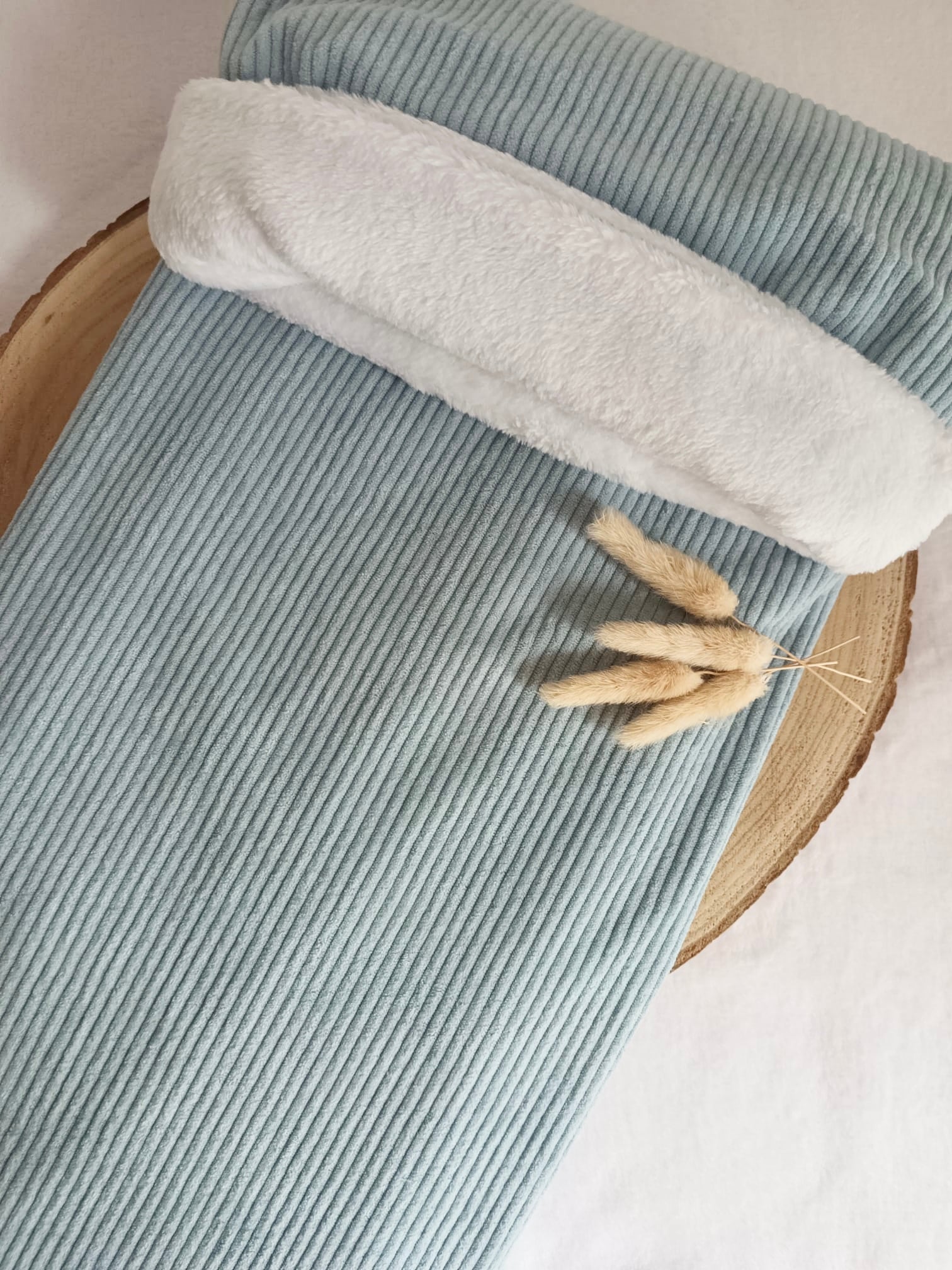 Couverture velours bleu gris et polaire blanc - personnalisable -