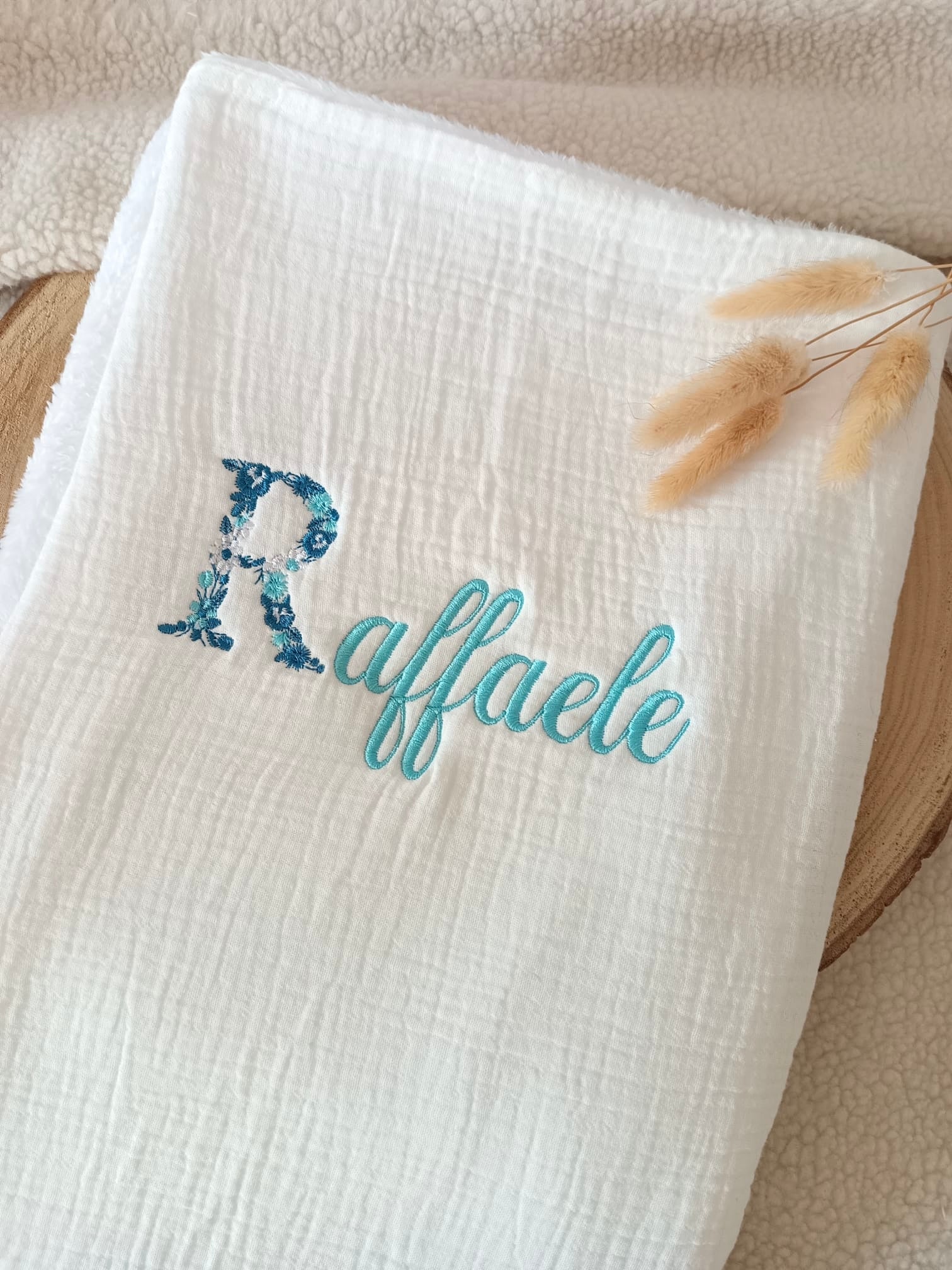 Couverture en gaze de coton et polaire blanc - personnalisable -