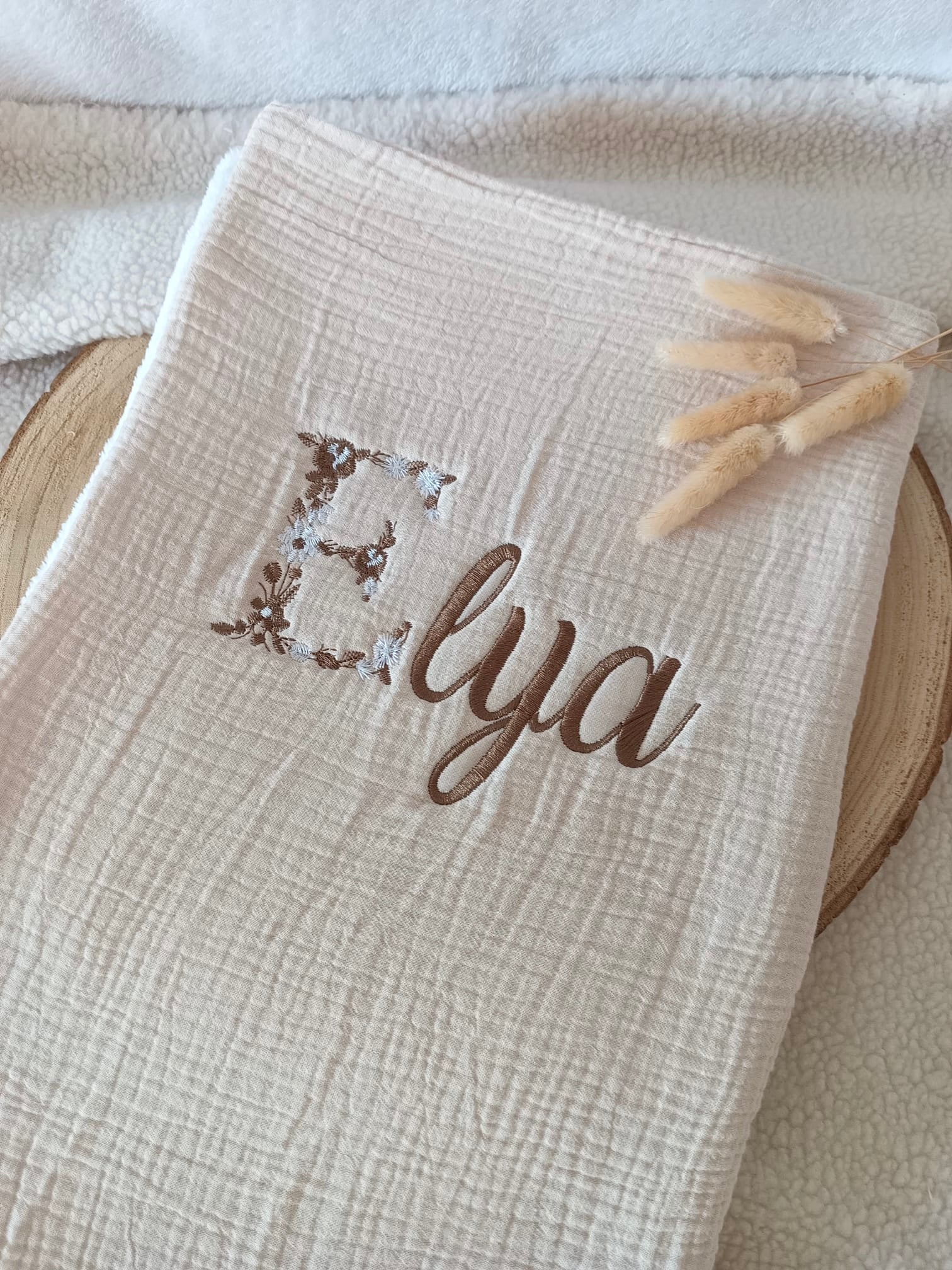 Couverture en gaze de coton et polaire beige - personnalisable -